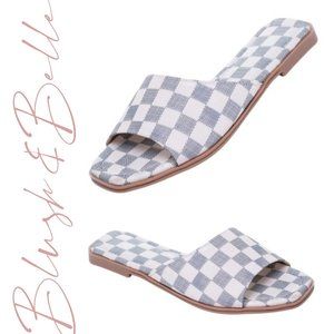 BELLAMY Grey Checker Vegan Leather Slide Sandals
